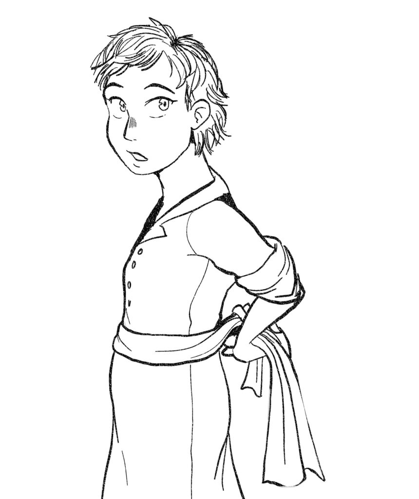 girl tying a bow behind her back, lineart only