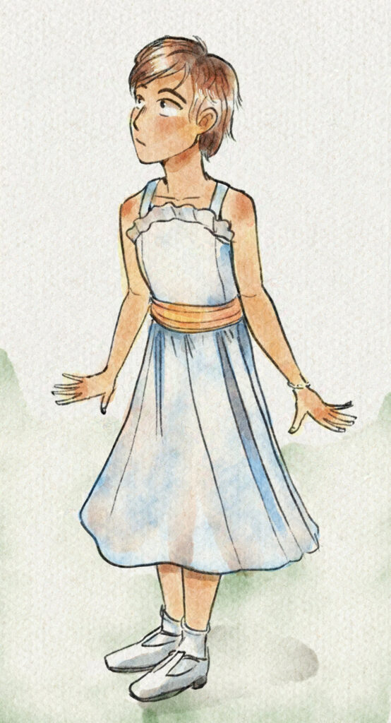 illustration of Chiara in a white blue-tinted dress