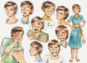 expression sheet of Chiara from La Principessa. Young girl with different facial expressions and outfits.