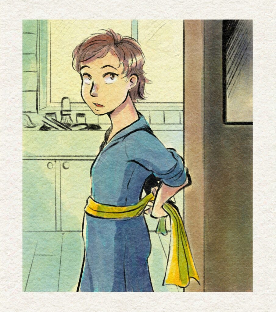 girl standing in a kitchen during the day time tying the bow behind her back