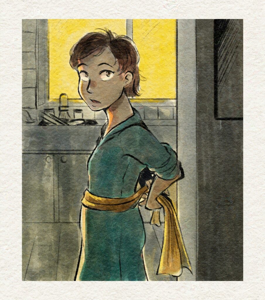 girl standing in a kitchen during dusk tying the bow behind her back