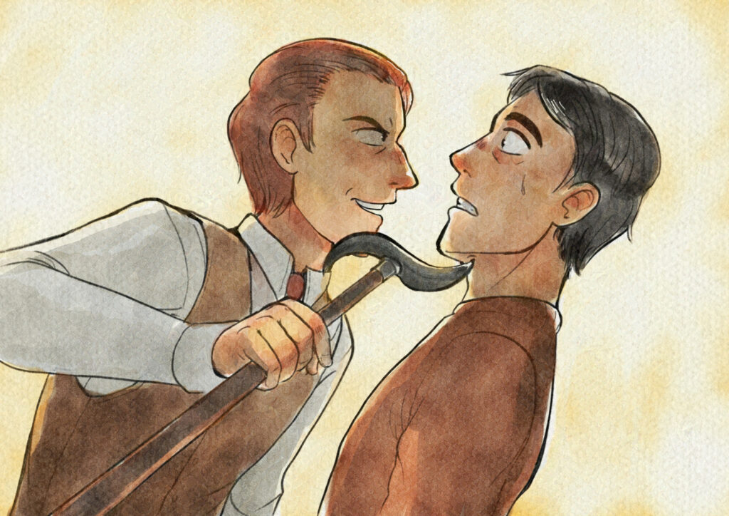 fake watercolor illustration of two men, one holding a cane to the other man's throat