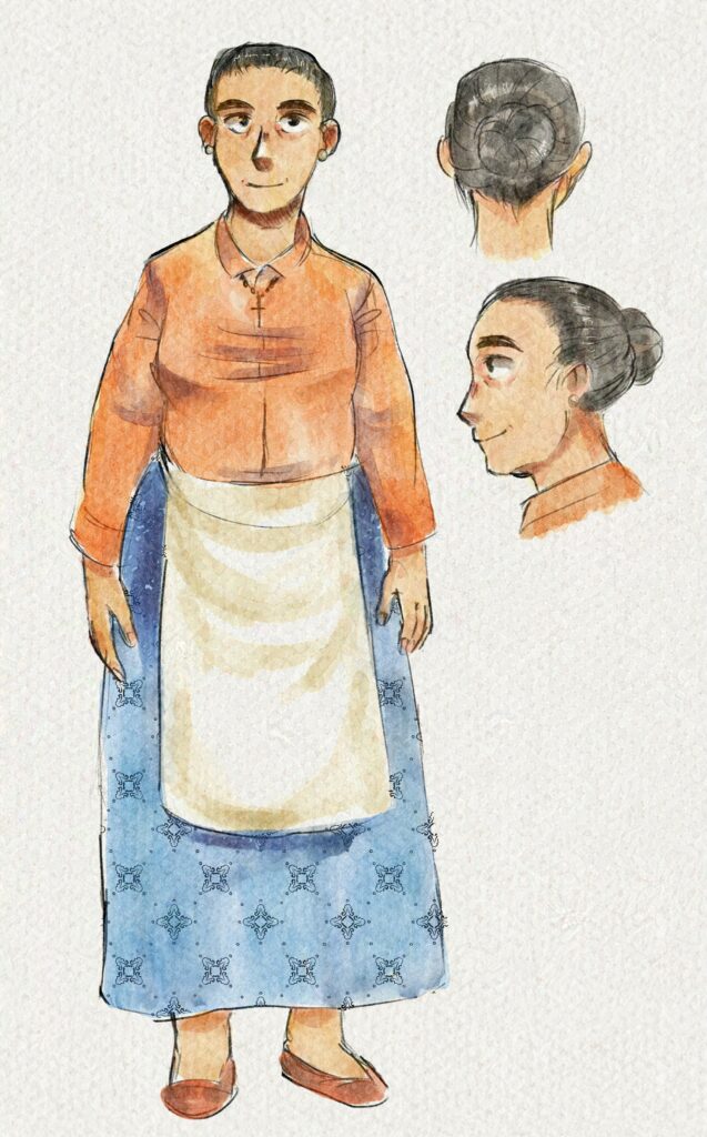 Woman with an orange blouse and blue skirt or dress. 