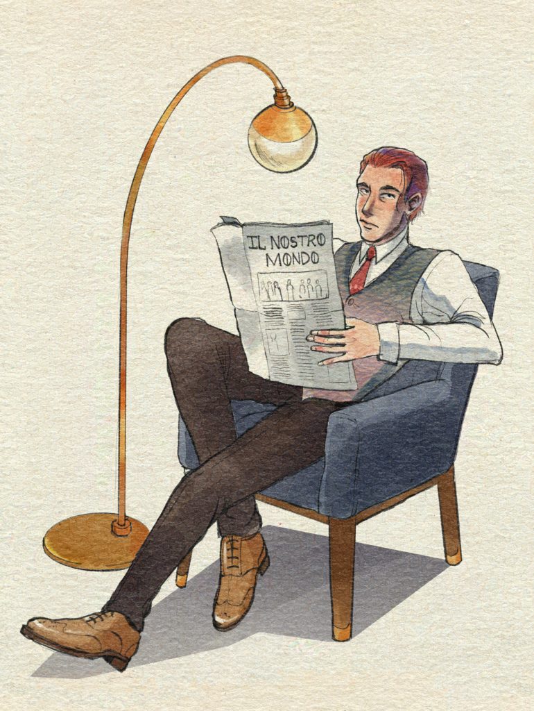 a red haired man sitting on an armchair reading a newspaper