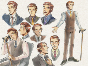 expression sheet of Marcello from La Principessa. Man wearing different suits and facial expressions.
