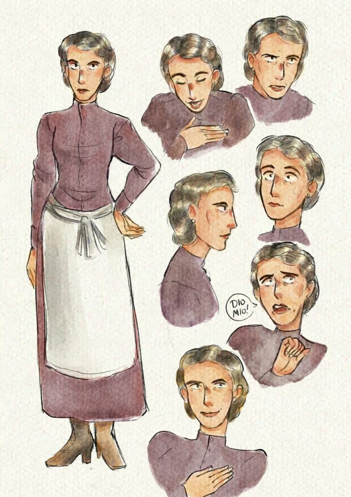 matronly woman in a dress with a half-apron. Various facial expressions.