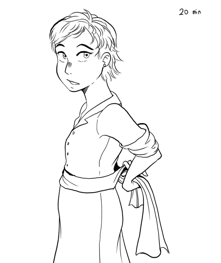 girl tying a bow behind her back, lineart only