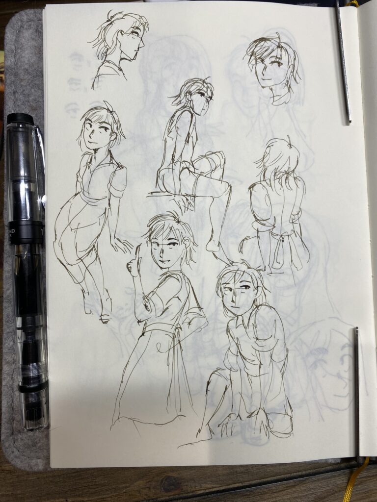 sketchbook page of Chiara in different poses, fountain pen