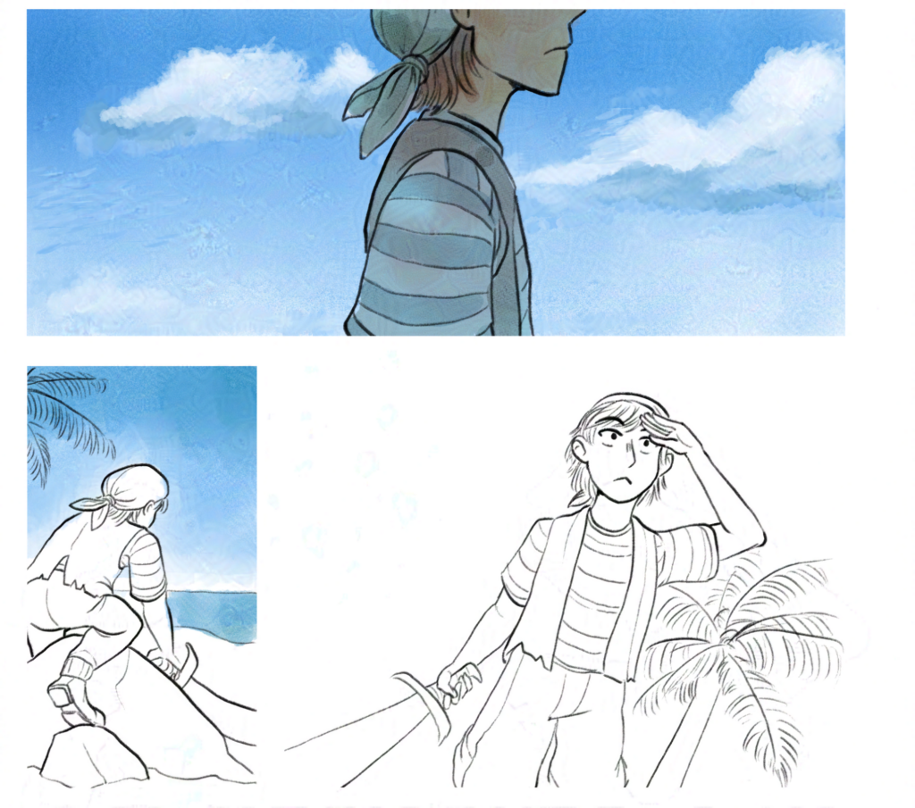 comic page WIP of a girl dressed as a pirate climbing on some rocks and looking to the horizon